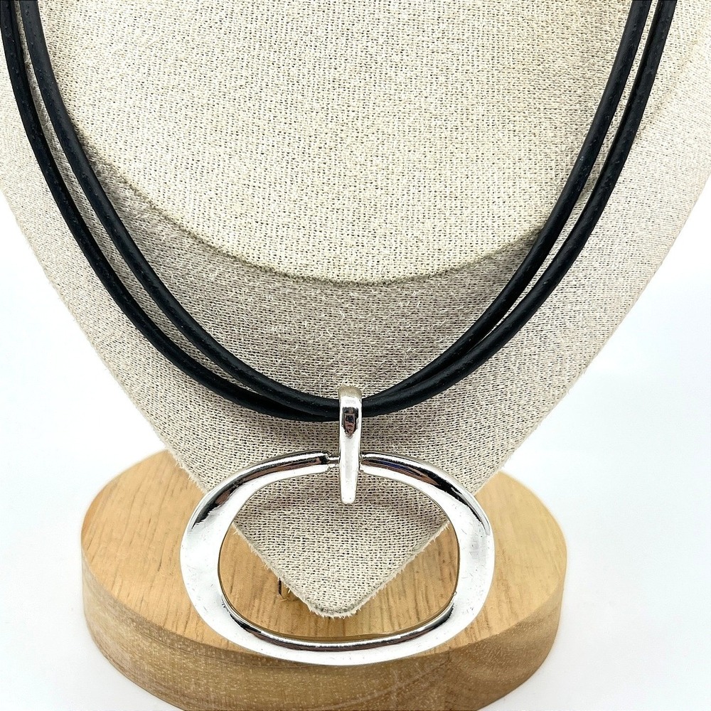 VTG Chico's Modernist Silver Tone Organic Open Hoop Pendant Black Cord Necklace
